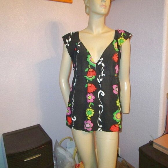 VTG Jams World FANTASMA Hawaiian Size L BLOUSE Babydoll TOP Flutter V-NECK 70s - Picture 1 of 10